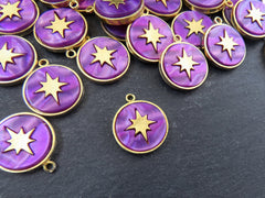 North Star Compass Pendant, Purple Mother Of Pearl Charm, MOP, Celestial, Adventure Travel Navigation, 22k Matte Gold Plated - 1pcs