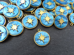 North Star Compass Pendant, Blue Mother Of Pearl Charm, MOP, Celestial, Adventure Travel Navigation, 22k Matte Gold Plated - 1pcs