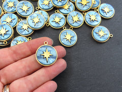 North Star Compass Pendant, Ice Blue Mother Of Pearl Charm, MOP, Celestial, Adventure Travel Navigation, 22k Matte Gold Plated - 1pcs