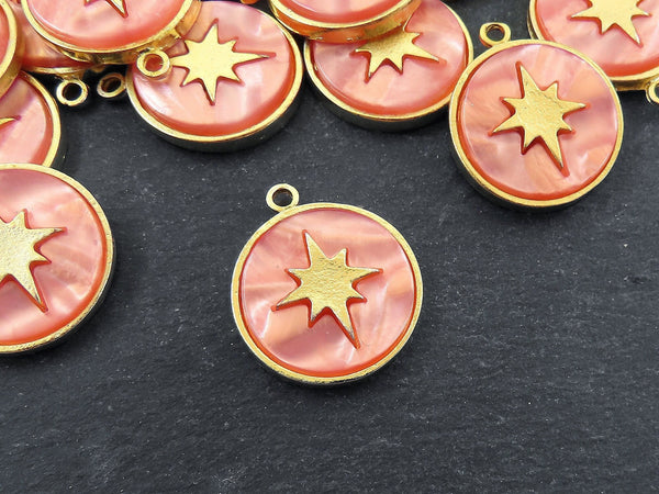 North Star Compass Pendant, Peach Mother Of Pearl Charm, MOP, Celestial, Adventure Travel Navigation, 22k Matte Gold Plated - 1pcs