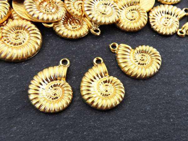 Ammonite Fossil Spiral Sea Shell Charms, Gold Shell Pendant, Bracelet Charm, Beach Charm, Beach Style, 22k Matte Gold Plated 3pc