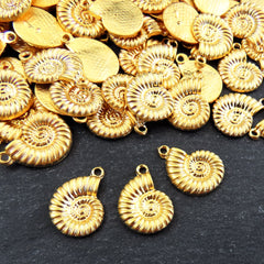 Ammonite Fossil Spiral Sea Shell Charms, Gold Shell Pendant, Bracelet Charm, Beach Charm, Beach Style, 22k Matte Gold Plated 3pc