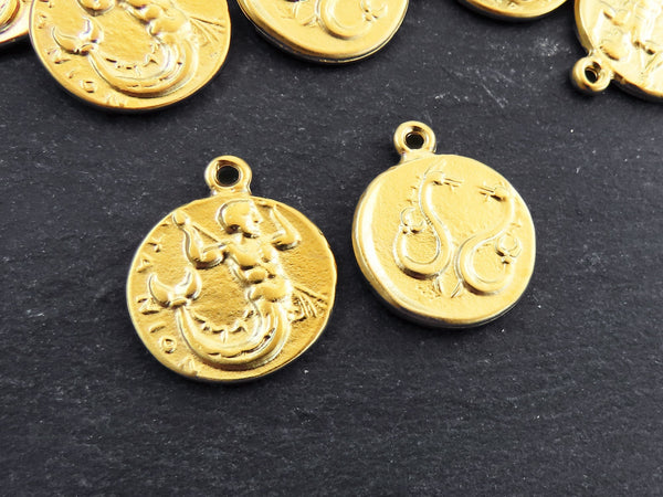 Merman Triton Coin Pendants Charms, Son Of Poseidon Coin, Replica Coin, Greek Mythology, 22k Matte Gold Plated, 2pc
