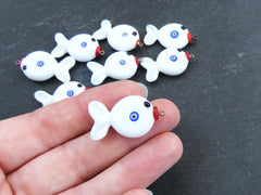 Glass Fish Charm Pendant, Lampwork Murano, Good Luck Bead, Evil Eye Amulet, Kismet Beads, Lucky, Handmade, White, 1pc - Type 2