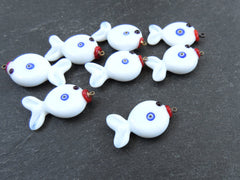 Glass Fish Charm Pendant, Lampwork Murano, Good Luck Bead, Evil Eye Amulet, Kismet Beads, Lucky, Handmade, White, 1pc - Type 2