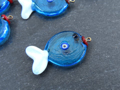 Glass Fish Charm Pendant, Lampwork Murano, Good Luck Bead, Evil Eye Amulet, Kismet Beads, Lucky, Handmade, Blue, 1pc, Type 2