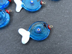 Glass Fish Charm Pendant, Lampwork Murano, Good Luck Bead, Evil Eye Amulet, Kismet Beads, Lucky, Handmade, Blue, 1pc, Type 2