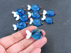 Glass Fish Charm Pendant, Lampwork Murano, Good Luck Bead, Evil Eye Amulet, Kismet Beads, Lucky, Handmade, Blue, 1pc, Type 2