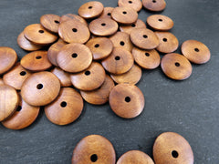 Large Warm Brown Round Wood Beads, Wooden Saucer Disc Beads, Jewelry Making Craft Beads, 25mm, 8pcs