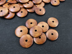 Large Warm Brown Round Wood Beads, Wooden Saucer Disc Beads, Jewelry Making Craft Beads, 25mm, 8pcs