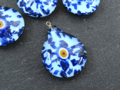 Glass Evil Eye Charm Pendant, Light Blue Navy Spotted Evil Eye Teardrop, Lampwork, Amulet, Protective, Lucky, Handmade, 1pc