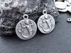 Merman Triton Coin Pendants Charms, Son Of Poseidon Coin, Replica Coin, Greek Mythology, Matte Antiques Silver Plated, 2pc