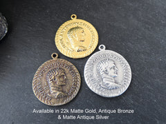 Roman Coin Pendant Charm, Laurel Bust Coin Medallion, Ancient Greek Coin, Chariot Four Horses, 22k Matte Gold Plated, 1pc