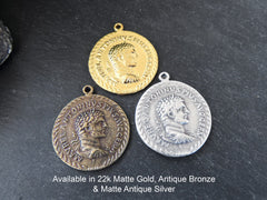 Roman Coin Pendant Charm, Laurel Bust Coin Medallion, Ancient Greek Replica Coin, Chariot Four Horses, Antique Bronze Plated, 1pc