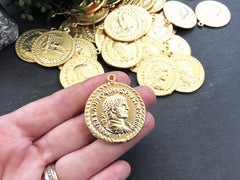 Roman Coin Pendant Charm, Laurel Bust Coin Medallion, Ancient Greek Coin, Chariot Four Horses, 22k Matte Gold Plated, 1pc