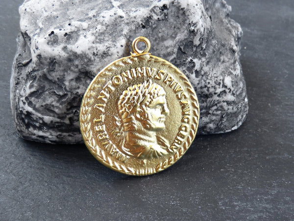 Roman Coin Pendant Charm, Laurel Bust Coin Medallion, Ancient Greek Coin, Chariot Four Horses, 22k Matte Gold Plated, 1pc