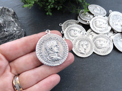 Silver Roman Coin Pendant Charm, Laurel Bust Coin Medallion, Ancient Greek Coin, Chariot Four Horses, Matte Antique Silver Plated, 1pc