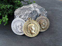 Roman Coin Pendant Charm, Laurel Bust Coin Medallion, Ancient Greek Replica Coin, Chariot Four Horses, Antique Bronze Plated, 1pc