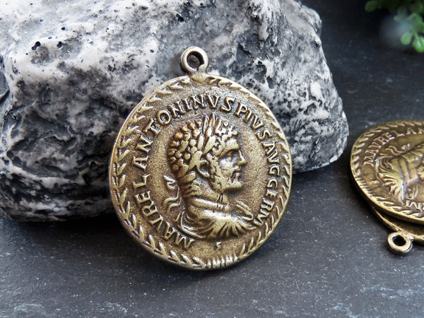 Roman Coin Pendant Charm, Laurel Bust Coin Medallion, Ancient Greek Replica Coin, Chariot Four Horses, Antique Bronze Plated, 1pc