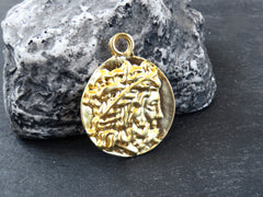 Gold Zeus Coin Pendant Charm, Laurel Bust Coin Medallion, Ancient Greek Coin, 22k Matte Gold Plated, 1pc