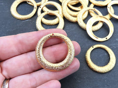 Hammered Hoops Pendants, Circle Components for Earrings, Round Necklace Pendant, Rustic Dotted Hammered, 22k Matte Gold Plated 2pc