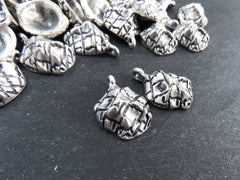 Artisan Dome Pinch Mesh Charms, Organic Rustic Cast Pendant Charms, Matte Antique Silver Plated, 2pc