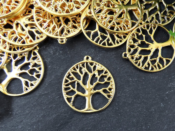 Tree of Life Pendant Charm, Family Tree, Necklace Pendant, Earring Components, 22k Matte Gold Plated 2pc