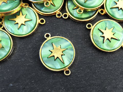 North Star Compass Connector Pendant, Green Mother Of Pearl Charm, Celestial, Adventure Travel Navigation, 22k Matte Gold Plated 1pc