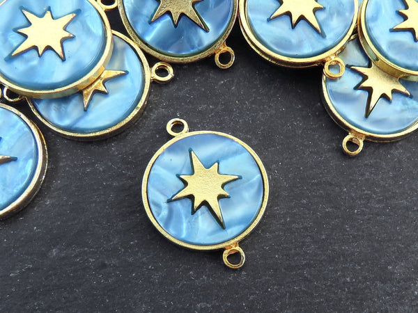 North Star Compass Connector Pendant, Ice Blue Mother Of Pearl Charm, Celestial, Adventure Travel Navigation, 22k Matte Gold Plated 1pc