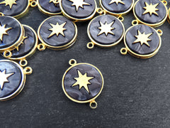 North Star Compass Connector Pendant, Smoky Gray Mother Of Pearl Charm, Celestial, Adventure Travel Navigation, 22k Matte Gold Plated 1pc