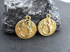 Merman Triton Coin Pendants Charms, Son Of Poseidon Coin, Replica Coin, Greek Mythology, 22k Matte Gold Plated, 2pc