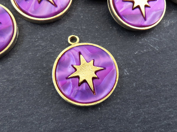 North Star Compass Pendant, Purple Mother Of Pearl Charm, MOP, Celestial, Adventure Travel Navigation, 22k Matte Gold Plated - 1pcs