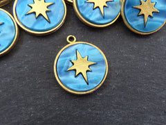 North Star Compass Pendant, Blue Mother Of Pearl Charm, MOP, Celestial, Adventure Travel Navigation, 22k Matte Gold Plated - 1pcs