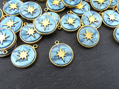 North Star Compass Pendant, Ice Blue Mother Of Pearl Charm, MOP, Celestial, Adventure Travel Navigation, 22k Matte Gold Plated - 1pcs