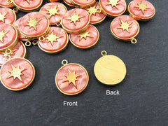 North Star Compass Pendant, Peach Mother Of Pearl Charm, MOP, Celestial, Adventure Travel Navigation, 22k Matte Gold Plated - 1pcs