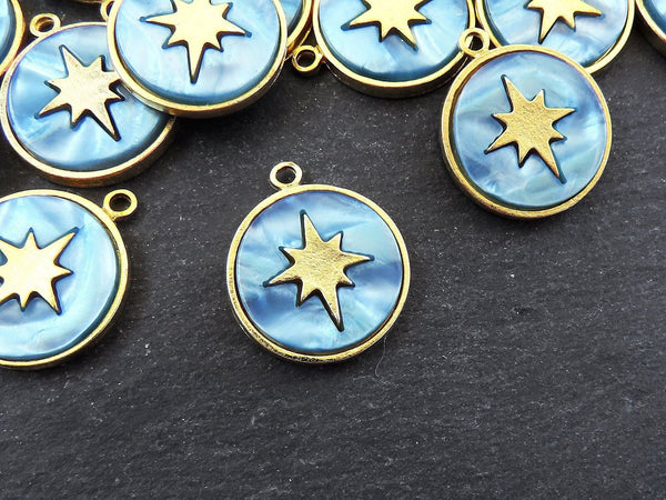 North Star Compass Pendant, Ice Blue Mother Of Pearl Charm, MOP, Celestial, Adventure Travel Navigation, 22k Matte Gold Plated - 1pcs