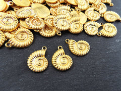 Ammonite Fossil Spiral Sea Shell Charms, Gold Shell Pendant, Bracelet Charm, Beach Charm, Beach Style, 22k Matte Gold Plated 3pc