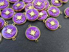North Star Compass Connector Pendant, Purple Mother Of Pearl Charm, Celestial, Adventure Travel Navigation, 22k Matte Gold Plated 1pc