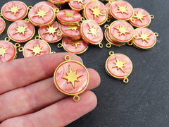 North Star Compass Connector Pendant, Peach Mother Of Pearl Charm, Celestial, Adventure Travel Navigation, 22k Matte Gold Plated 1pc