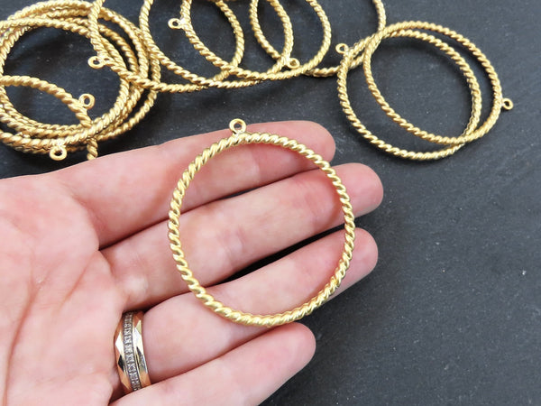 Twisted Circle Loop Pendant, Hoop Necklace Pendant, Connector Link, Organic Texture, 22k Matte Gold Plated 1pc