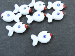 Glass Fish Charm Pendant, Lampwork Murano, Good Luck Bead, Evil Eye Amulet, Kismet Beads, Lucky, Handmade, White, 1pc - Type 2