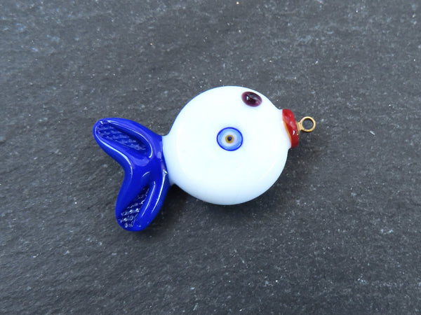 Glass Fish Charm Pendant, Lampwork Murano, Good Luck Bead, Evil Eye Amulet, Kismet Beads, Lucky, Handmade, Blue, 1pc, Blue Tail