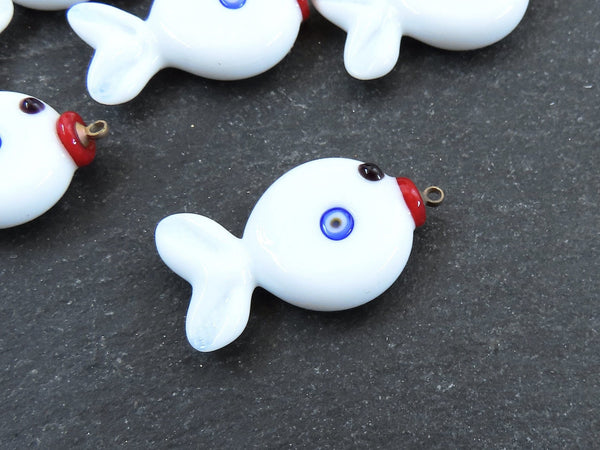 Glass Fish Charm Pendant, Lampwork Murano, Good Luck Bead, Evil Eye Amulet, Kismet Beads, Lucky, Handmade, White, 1pc - Type 2