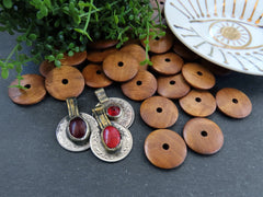 Large Warm Brown Round Wood Beads, Wooden Saucer Disc Beads, Jewelry Making Craft Beads, 25mm, 8pcs