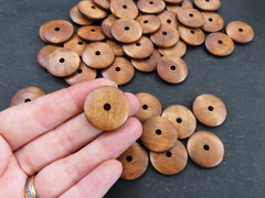 Large Warm Brown Round Wood Beads, Wooden Saucer Disc Beads, Jewelry Making Craft Beads, 25mm, 8pcs