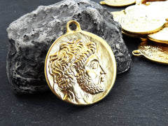 Greek Coin Pendant Charm, Philip V, King of Macedonia Medallion, Ancient Greek Coin, 22k Matte Gold Plated, 1pc