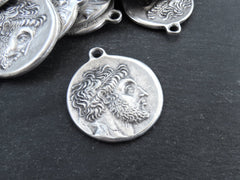 Greek Coin Pendant Charm, Philip V, King of Macedonia Medallion, Ancient Greek Coin, Matte Antique Silver Plated, 1pc