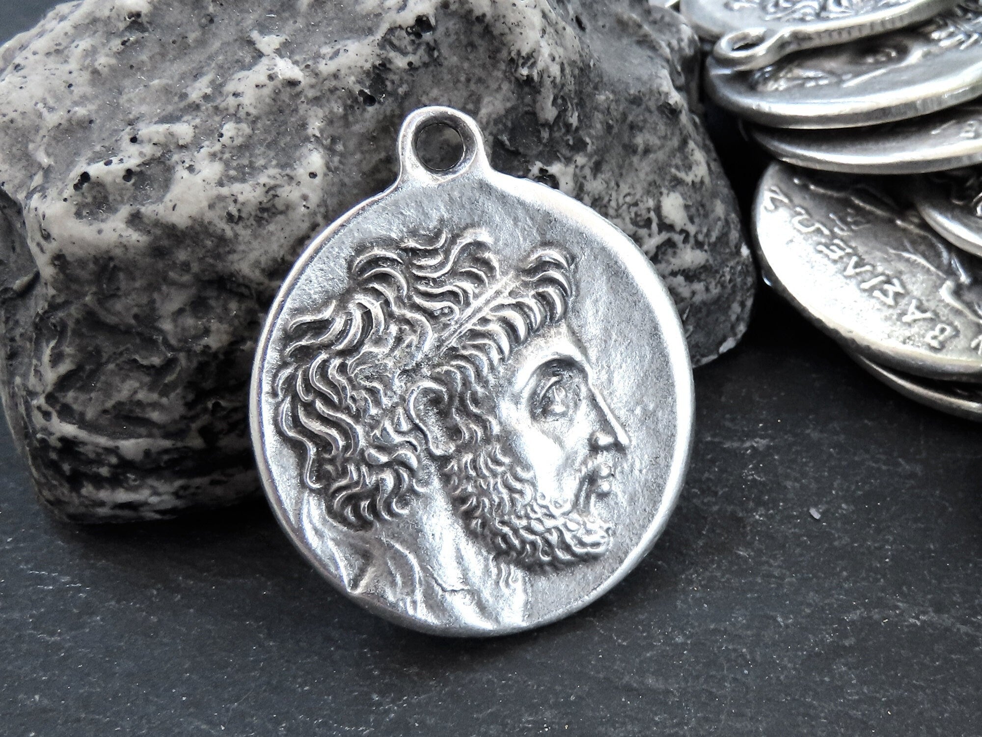 Greek Coin Pendant Charm, Philip V, King of Macedonia Medallion, Ancient Greek Coin, Matte Antique Silver Plated, 1pc