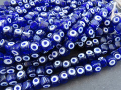 10 Square Blue Glass Evil Eye Beads, Chunky Artisan Handmade Lucky Protective Navy Nazar Beads, 10x12mm