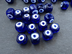 10 Square Blue Glass Evil Eye Beads, Chunky Artisan Handmade Lucky Protective Navy Nazar Beads, 10x12mm